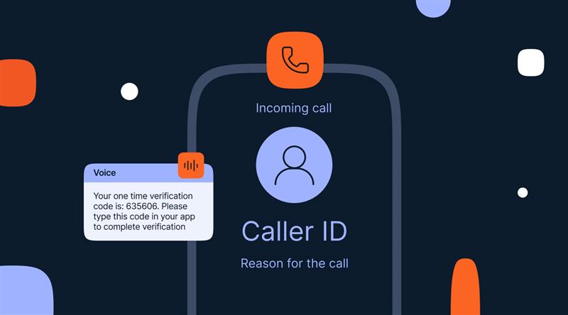 Illustration promoting phone number reputation protection by Infobip. The visual features a message saying "Safeguard your phone number reputation" alongside a mock incoming call with "Caller ID" and "Reason for the call" displayed. A verification voice message shows a one-time code.