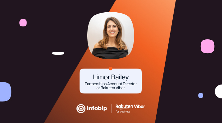 Viber for Business spotlight featuring Limor Bailey, Partnerships Account Director at Rakuten Viber, highlighting the partnership with Infobip to power conversational customer journeys. Branded graphic includes Infobip and Rakuten Viber logos with the title 'Powering the future of conversational journeys with Infobip' for business messaging.